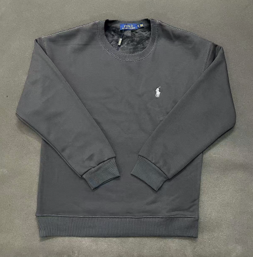 Gray sweatshirt with a brand logo on a gray background