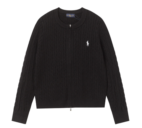 Black zip cardigan with a logo on a white background