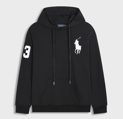Blue sweatshirt with a brand logo on a gray background