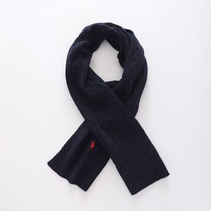 Blue scarf with brand logo on white background 