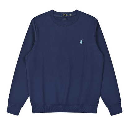 Blue cardigan with a light blue logo on a white background
