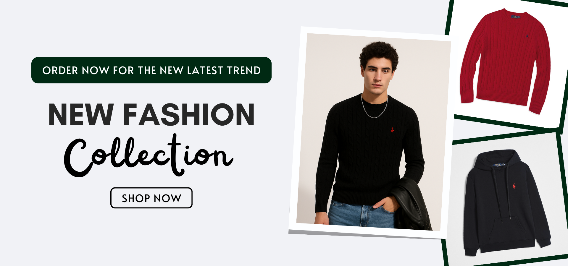 Promotional banner for a new fashion collection with a man wearing a black sweater and jackets displayed.