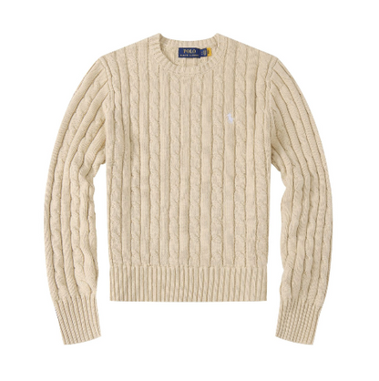 Cream sweatshirt with a brand logo on a White background