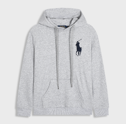 Gray hoodie with a logo on a light gray background