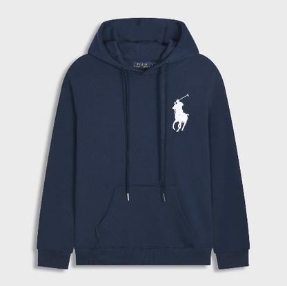 Navy blue hoodie with a white logo on a light gray background