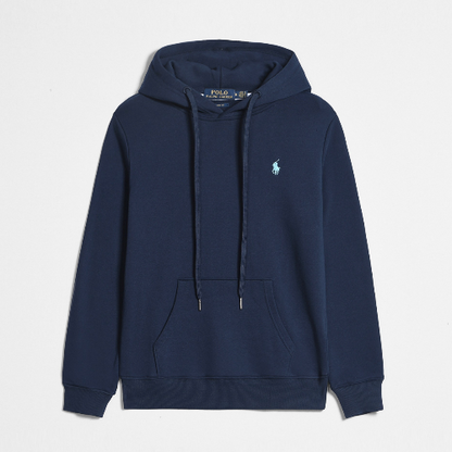 Navy blue hoodie with a small logo on a light gray background