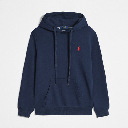 Navy sweatshirt with a brand logo on a white background