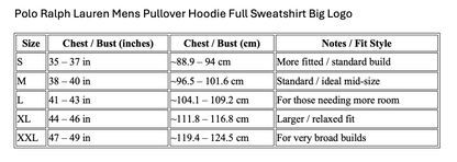 Polo Ralph Lauren Mens Pullover Hoodie size chart with chest/bust measurements.