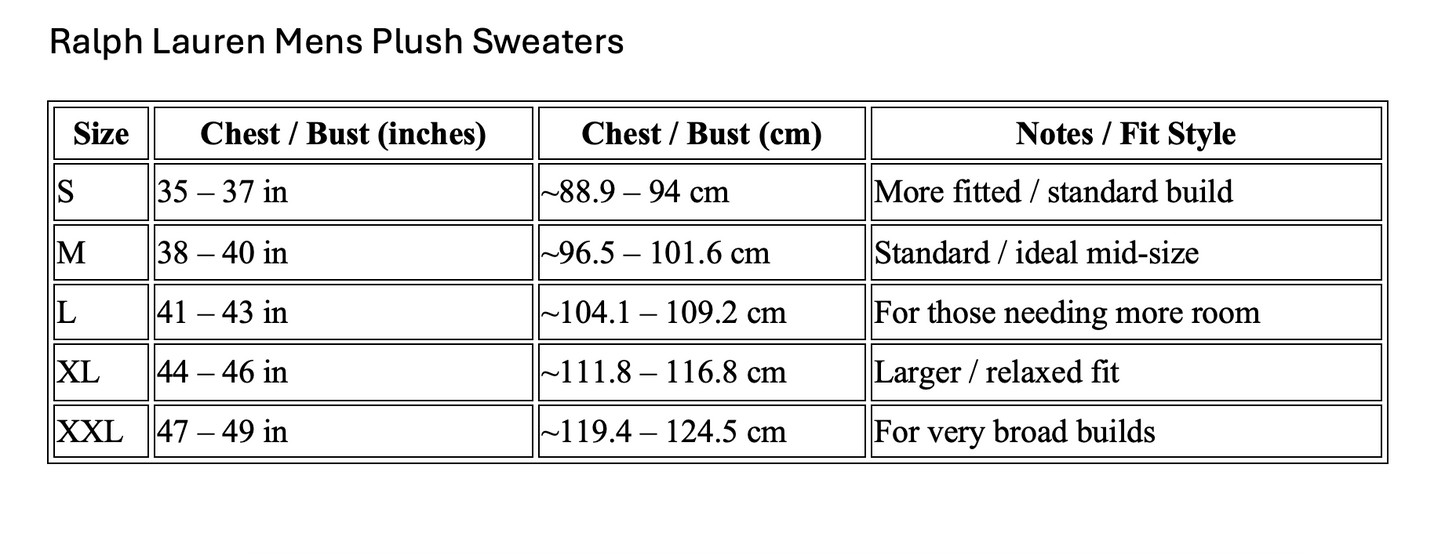Size chart for Ralph Lauren Men's Plush Sweaters with chest and bust measurements.