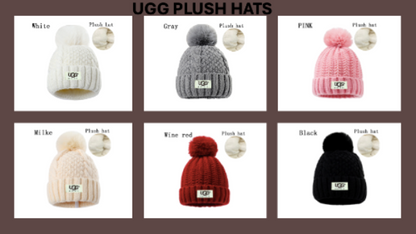 Collection of UGG plush hats in various colors on a white background