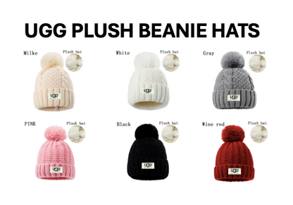Collection of UGG plush beanie hats in various colors on a white background