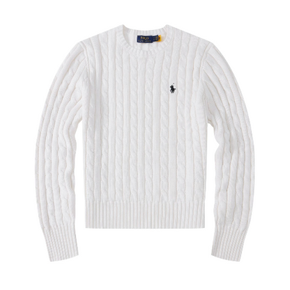White sweatshirt with a black brand logo on a white background