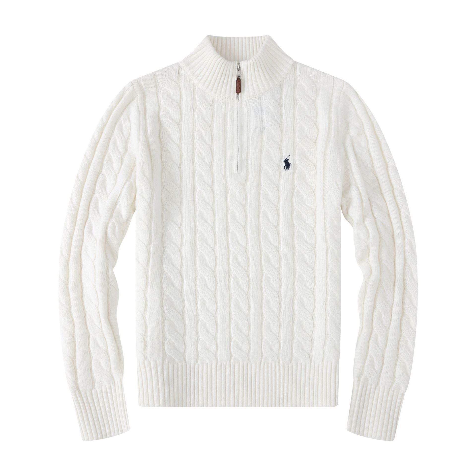 White cable knit sweater with a small logo on a white background