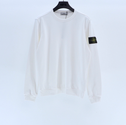 White sweatshirt with a brand logo on a white background