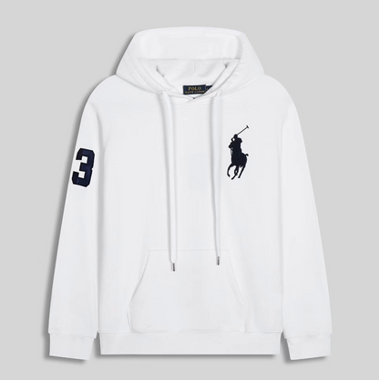 White hoodie with a logo and number on a gray background