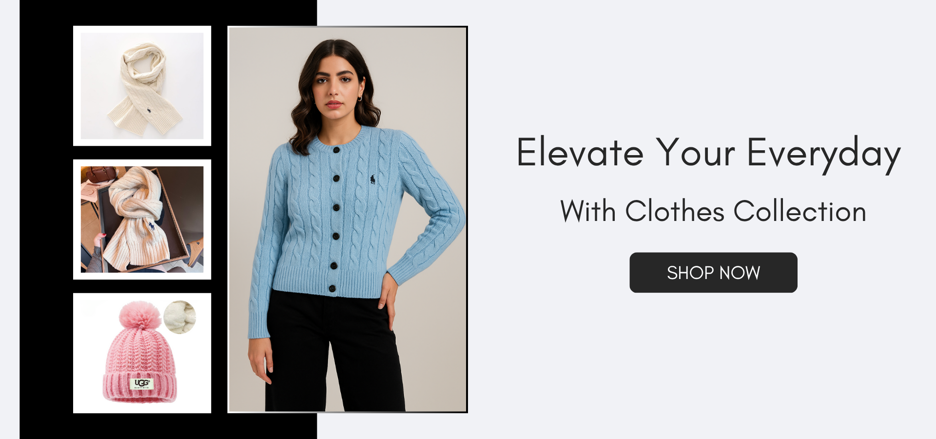 Woman wearing a blue cardigan with promotional text and product images on a white background